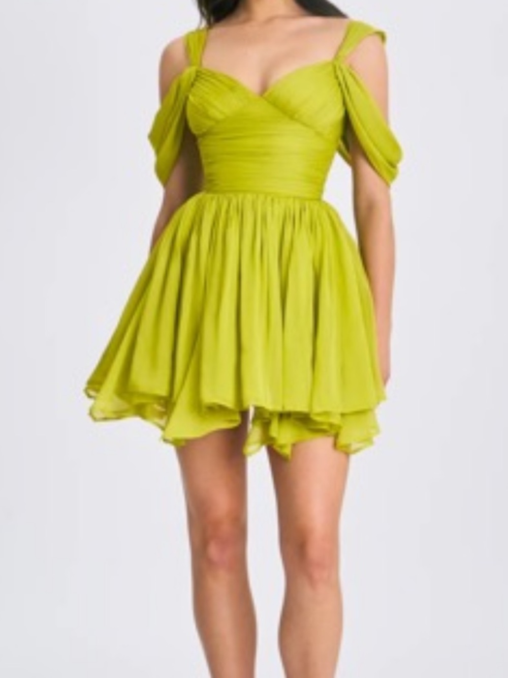 Cold-Shoulder Chiffon Mini Dress in Lime